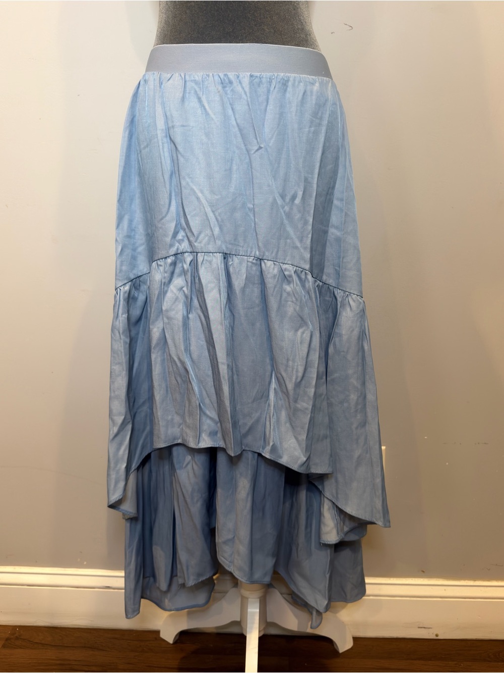 Soft Blue High-Low Tiered Skirt with Elastic Waist